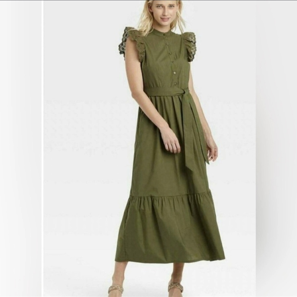 Casual Green Ruffled Tie Front Maxi Dress